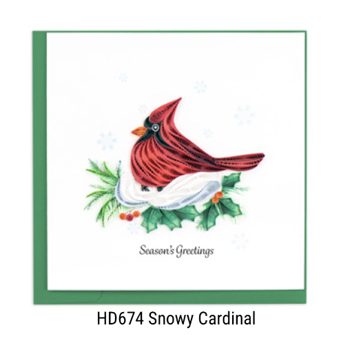 Quilling Card - Christmas - Snowy Cardinal - handcrafted - Blank inside