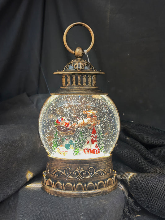 Water Lantern with Santa and Reindeer - Bronze - Lights up and Blows glittering Snow With Optional Music - includes adapter cord