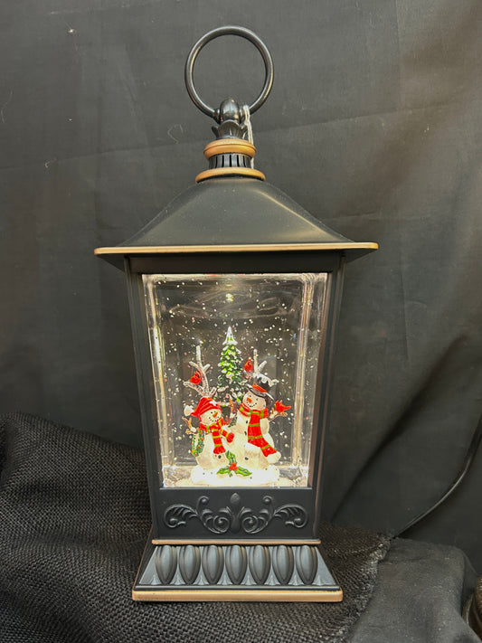 Water Lantern with Snowmen Family  - Black and Bronze - Cord Included - Lights up and blows glittery snow