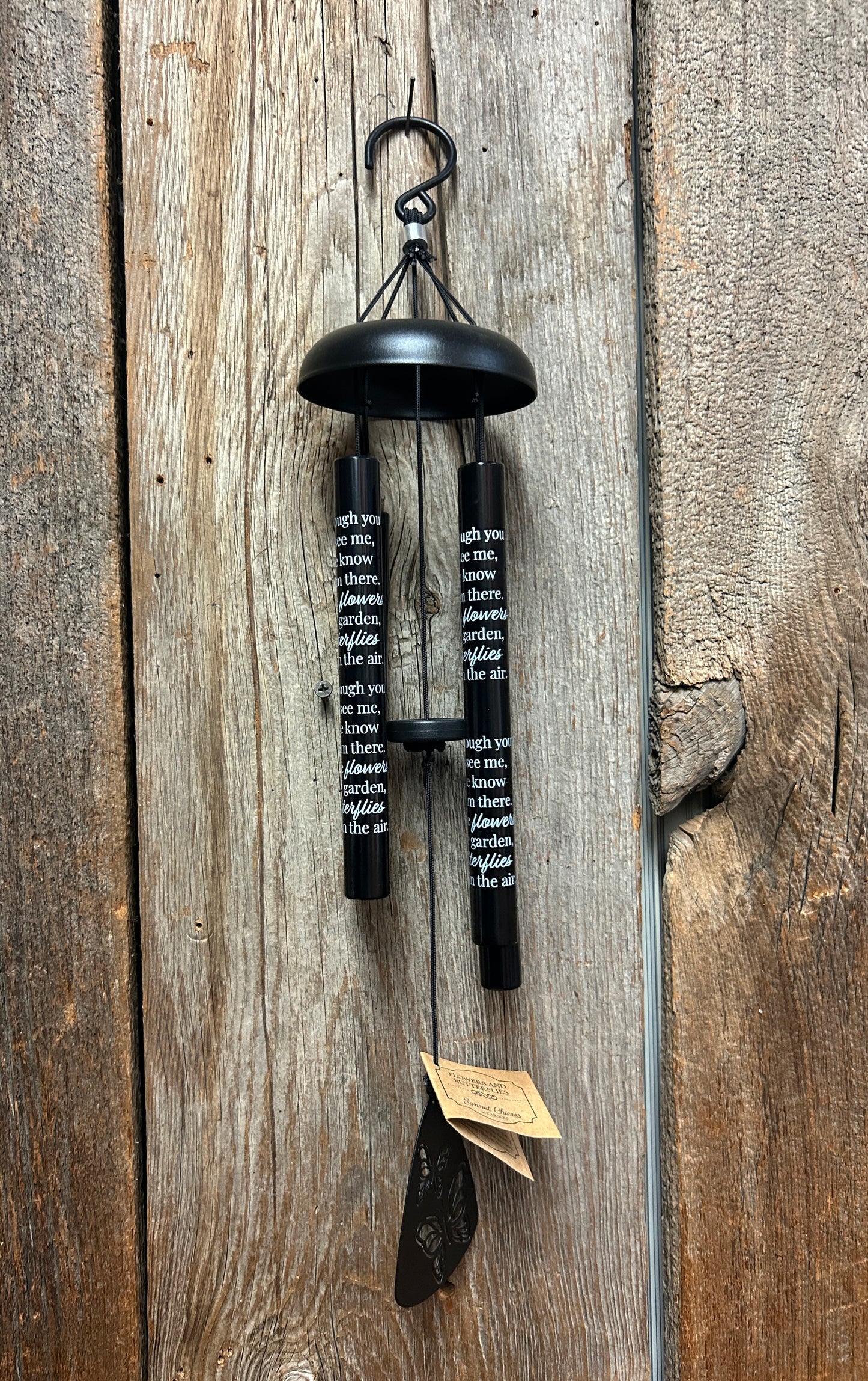 Wind Chime - 21" - Flowers Butterflies - Although You Can Not See Me Please Know that I am There... - Black Tubes - 2 Butterflies on Sail